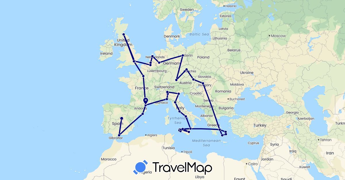 TravelMap itinerary: driving in Austria, Belgium, Czech Republic, Germany, Spain, France, United Kingdom, Greece, Italy, Netherlands (Europe)