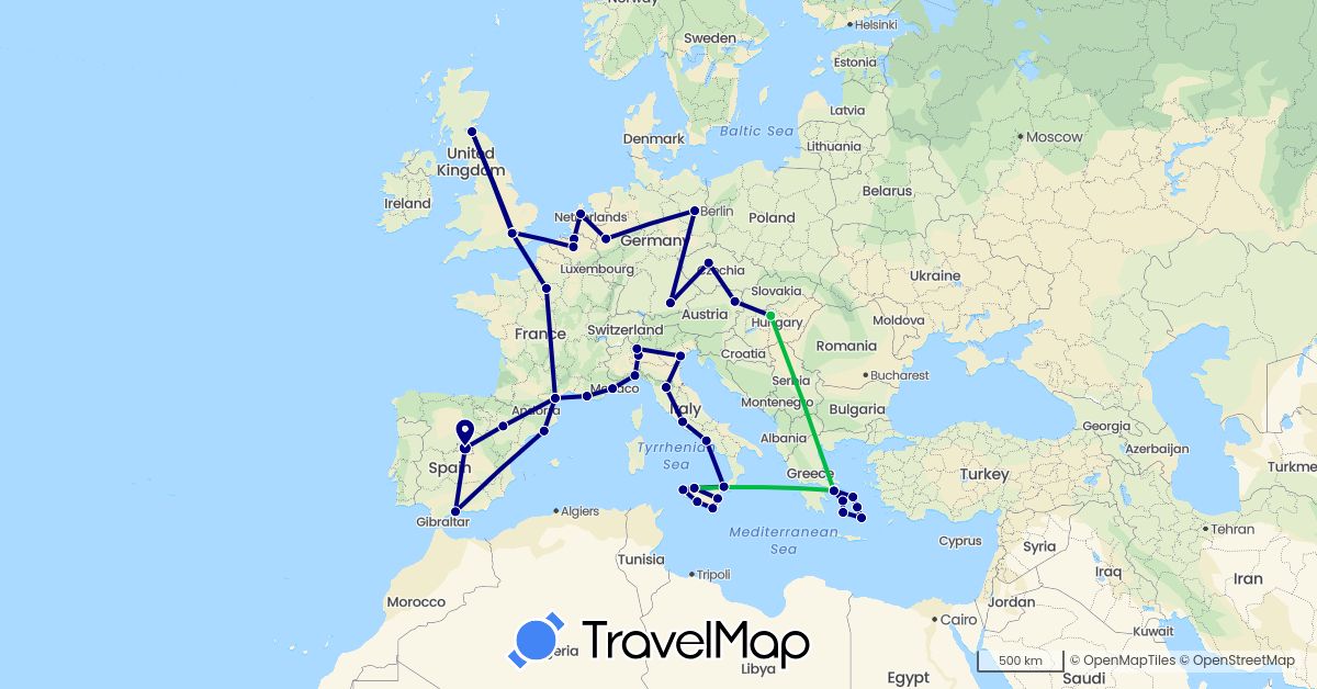 TravelMap itinerary: driving, bus in Austria, Belgium, Czech Republic, Germany, Spain, France, United Kingdom, Greece, Hungary, Italy, Netherlands (Europe)